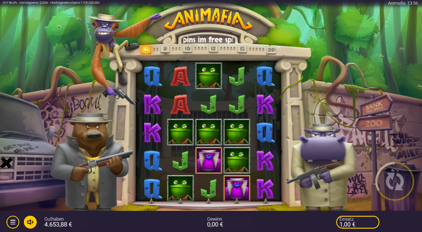 Animafia-Slot mit gr&uuml;nen Fr&ouml;schen, Geldbeutel‑Symbol und bunten Kartenwerten.