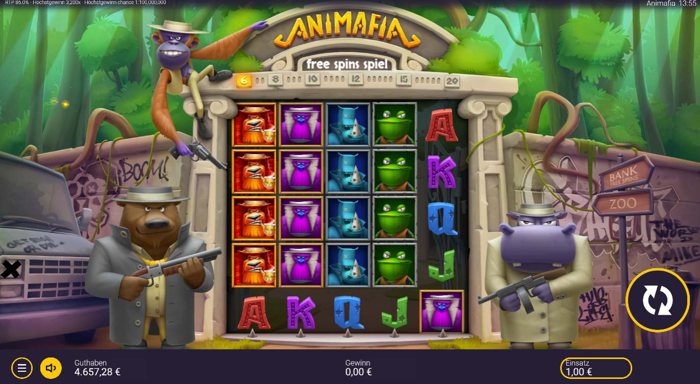 Animafia-Slot mit Affe, B&auml;r, Nilpferd, bunten Symbolen und Tier‑Gangstern.