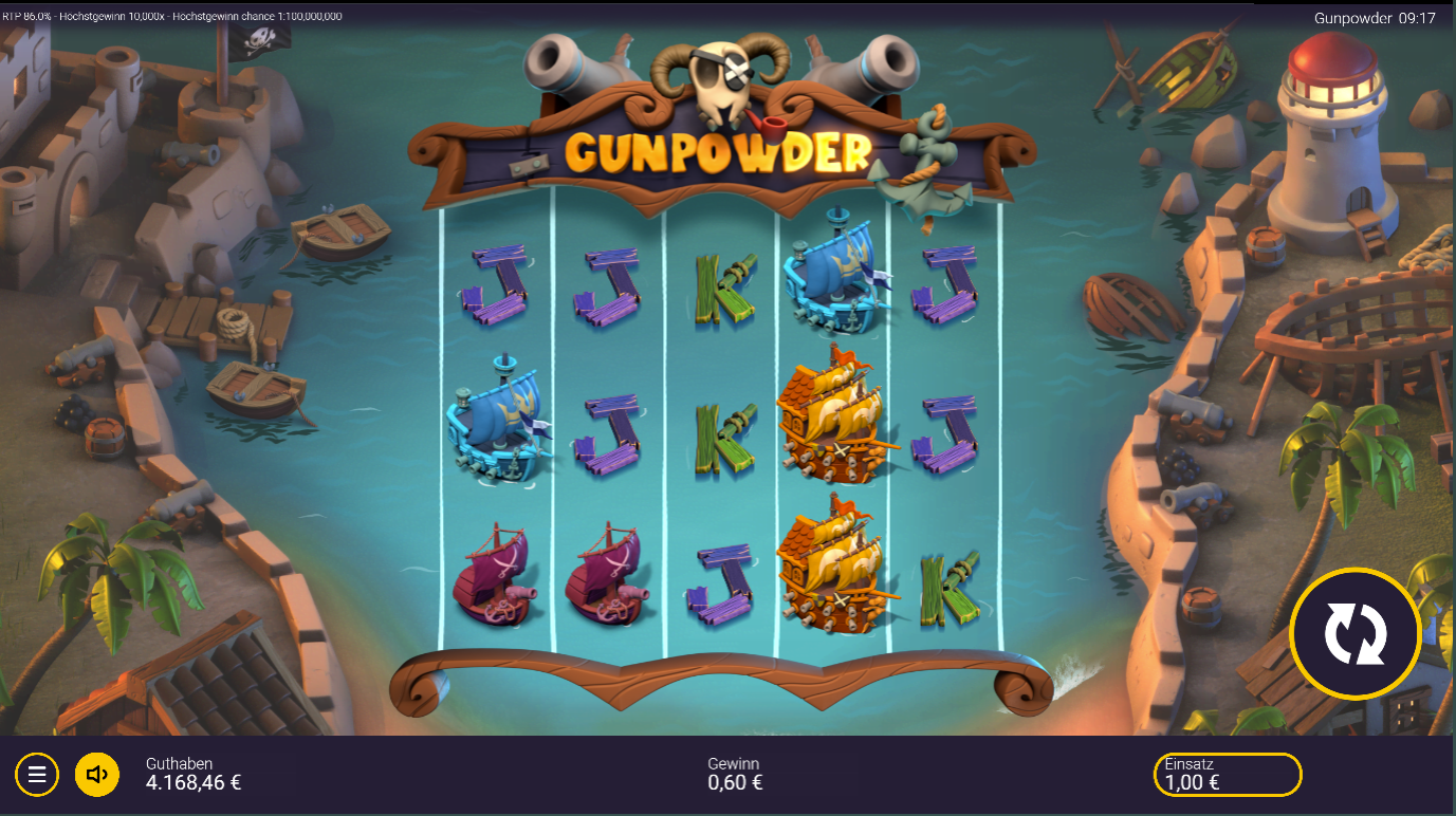 Gunpowder-Slot mit Piratenschiffen, Holzh&auml;usern, Kanonen und Buchstaben‑Symbolen.