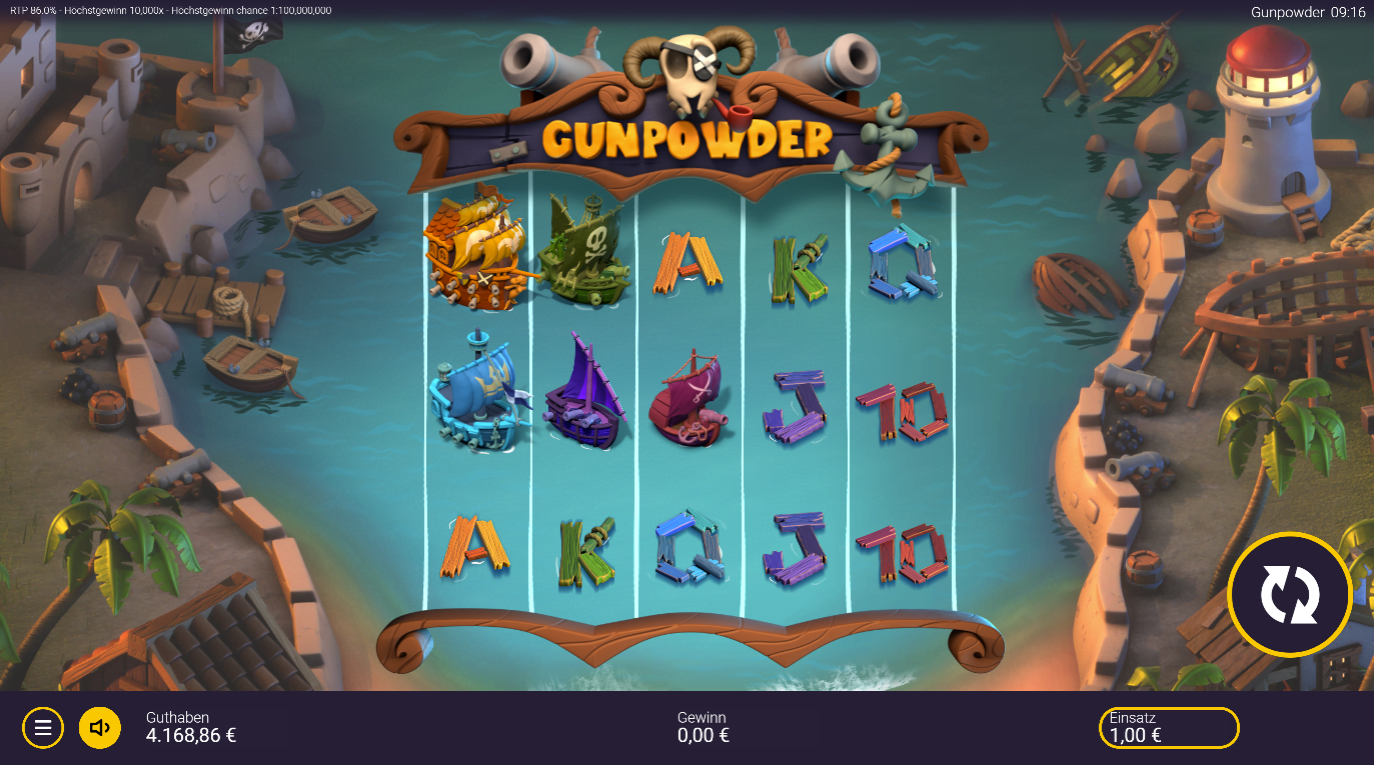 Gunpowder-Slot mit Piratenschiffen, Holzbrettern, Kanonen und farbigen Buchstaben.