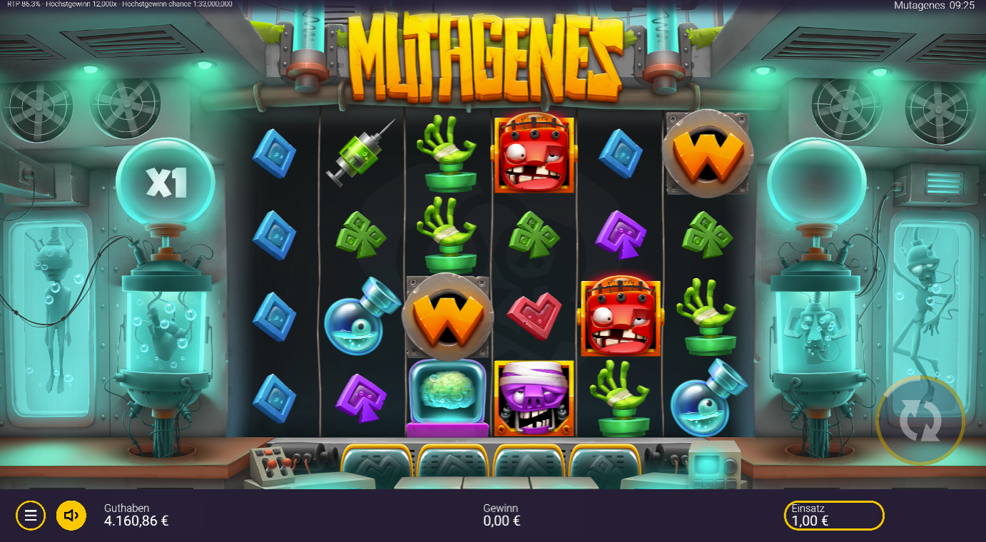 Mutagenes-Slot mit Mutanten‑Wilds, orangefarbenem W‑Symbol, Spritzen und H&auml;nden.
