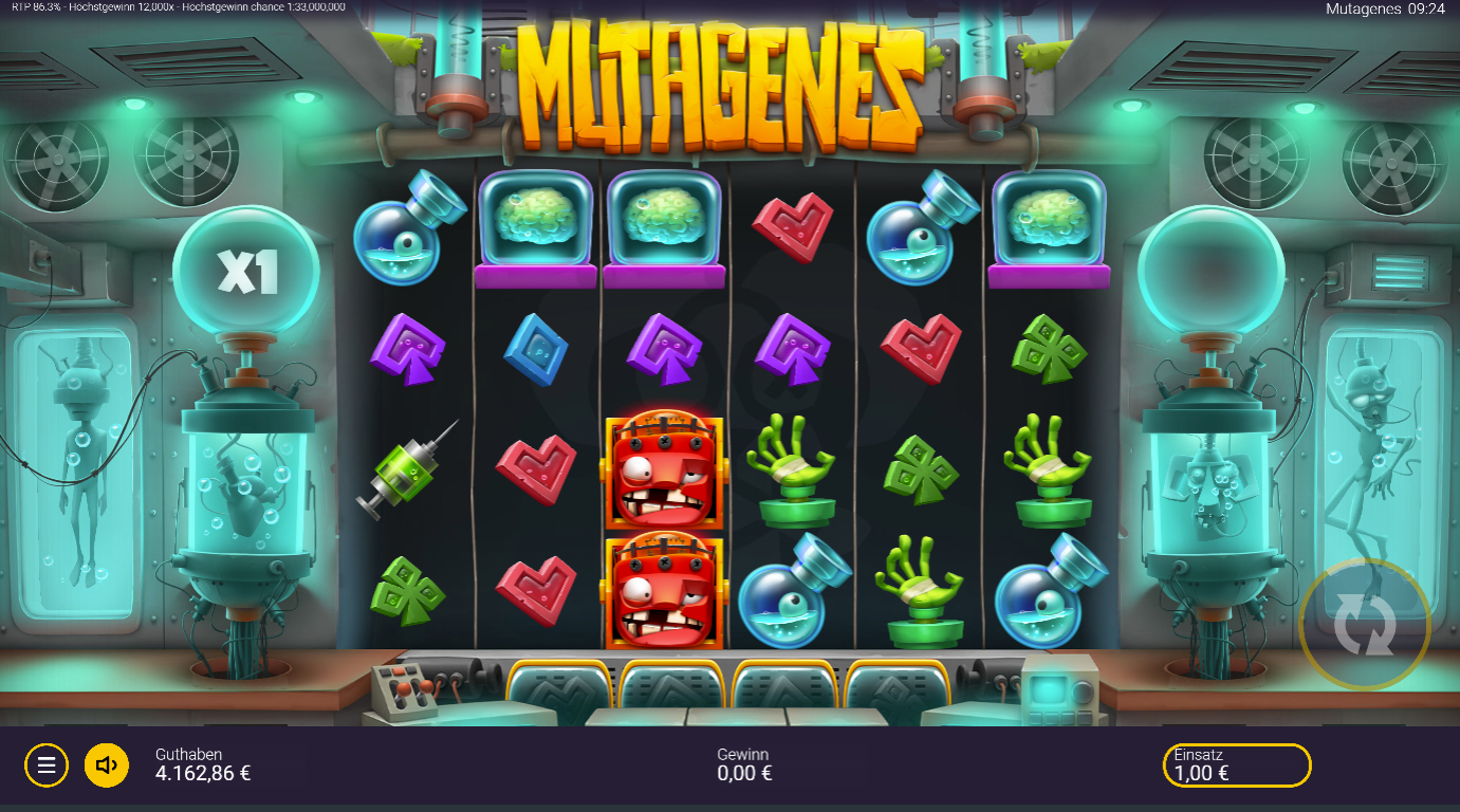 Mutagenes-Slot  mit Stapel‑Mutanten‑Wilds, Spritzen, gr&uuml;nen H&auml;nden und Labor‑Symbolen.