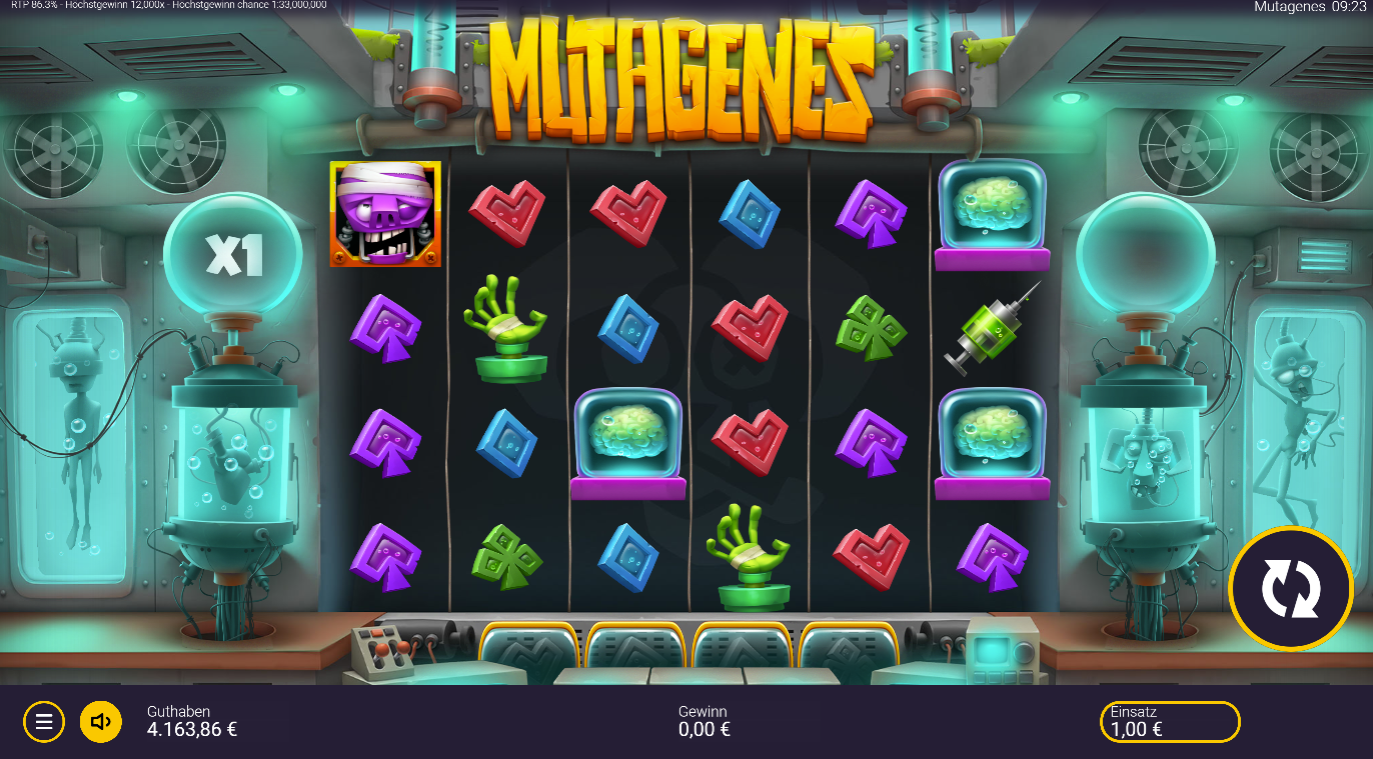 Mutagenes-Slot mit Labor‑Design, Mutantenkopf‑Wild, Spritzen und Gehirnbeh&auml;ltern