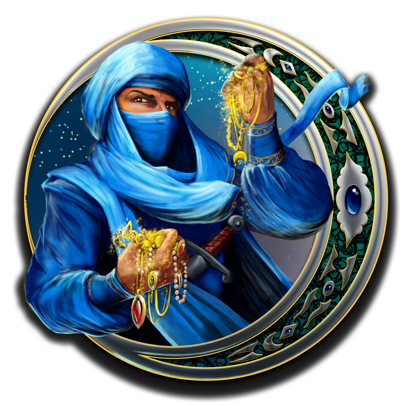 Das Spezial-Symbol von 40 Thieves von 40 Thieves mit einem Räber in blauem Gewand