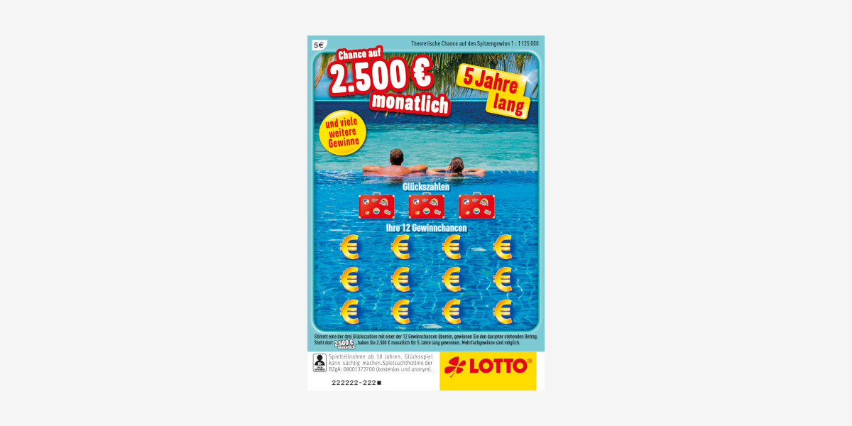 Rubbellos 5 Jahre lang - Chance auf 2.500 € monatlich 5 Jahre lang.