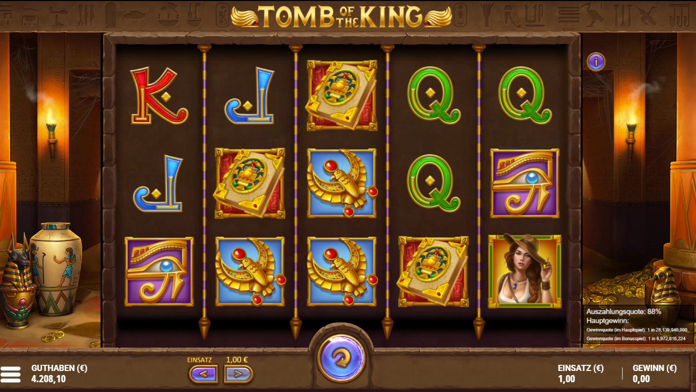 Tomb-of-the-King-Slot mit Skarab&auml;us, Buchsymbolen, Falken‑Amulett, Auge‑Symbol und Kartensymbolen.