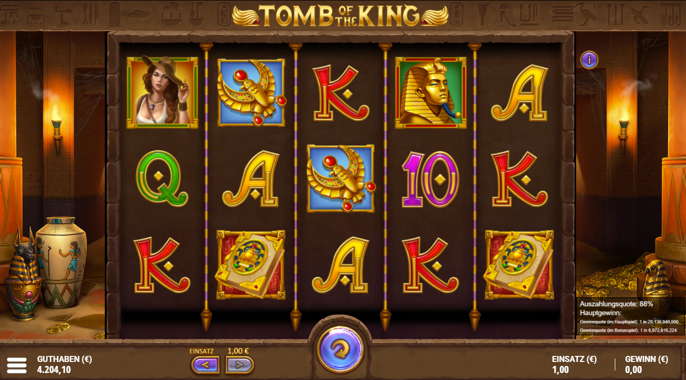 Tomb-of-the-King-Slot mit Skarab&auml;us, Buchsymbol, Falken‑Amulett, Sphinx und Kartensymbolen.