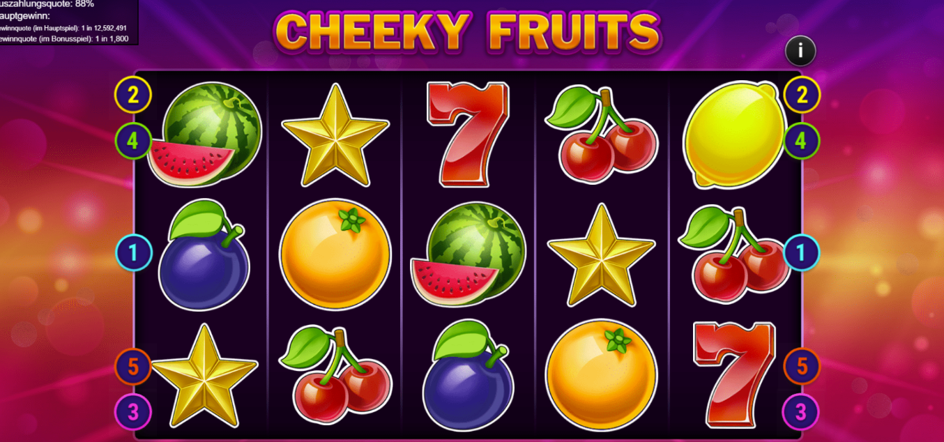 Cheeky-Fruits-Slot mit Melonen, Sternen, Siebenen, Kirschen und Zitronen.