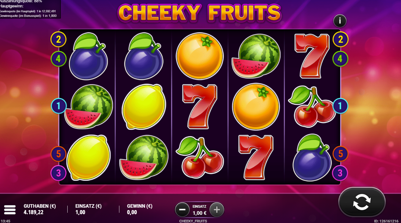 Cheeky-Fruits-Slot mit Pflaumen, Zitronen, Orangen, Melonen, Kirschen und Siebenen.