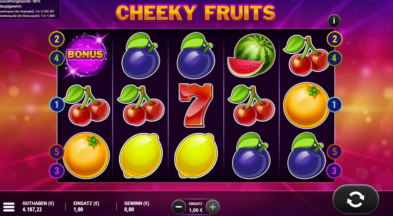 Cheeky-Fruits-Slot mit Bonus‑Symbol, Sieben, Melonen, Kirschen und Zitronen.