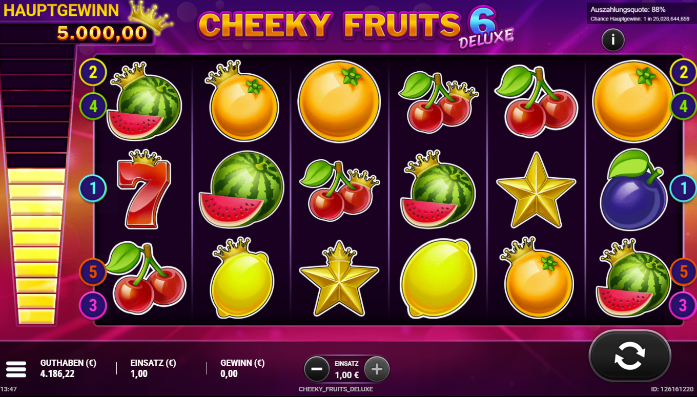 Cheeky-Fruits-6-deluxe-Slot mit Kronen‑Fr&uuml;chten, Sternen, Siebenen und Melonen.