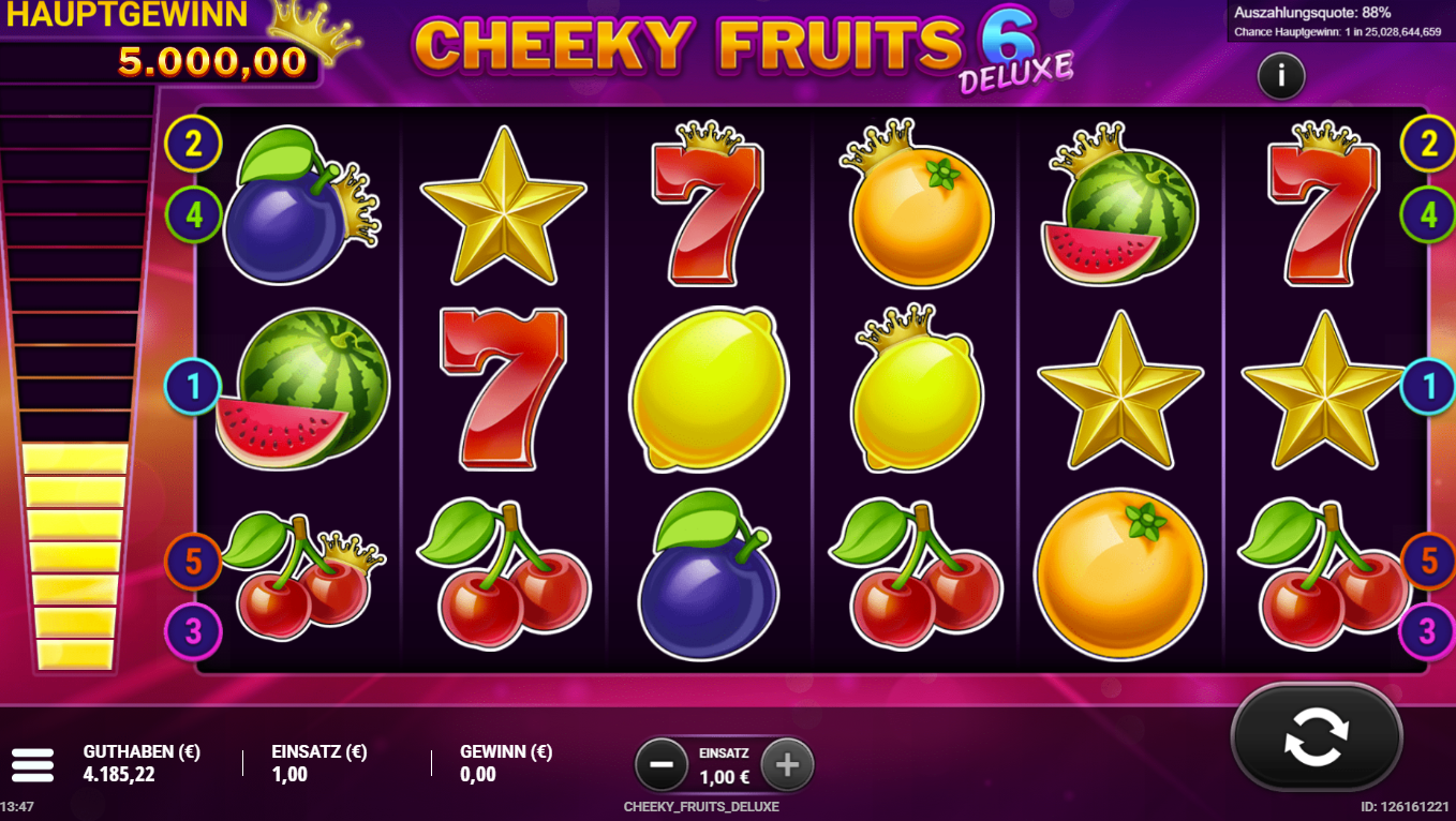 Cheeky-Fruits-6-deluxe-Slot mit gekr&ouml;nten Fr&uuml;chten, Sternen, Siebenen und Kirschen.