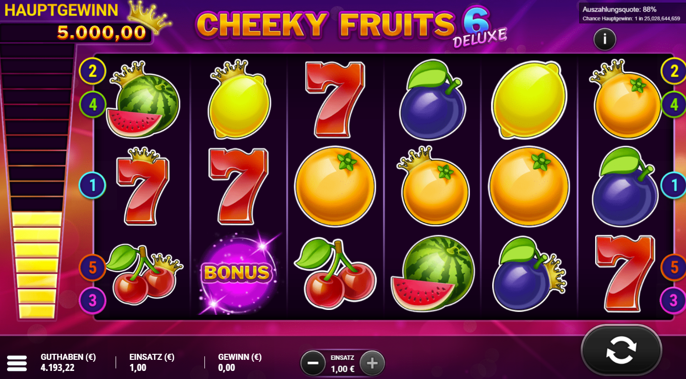 Cheeky-Fruits-6-deluxe-Slot  mit Bonus‑Symbol, gekr&ouml;nten Fr&uuml;chten und Siebenen.