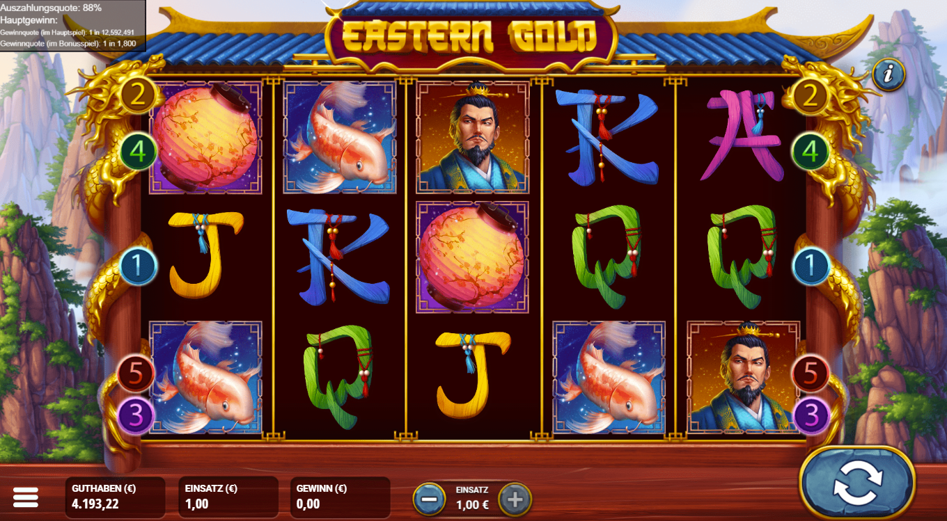 Eastern-Gold-Slot Koi‑Fischen, Laternen, Kaiserportr&auml;t, Schriftzeichen und Kartenwerten.