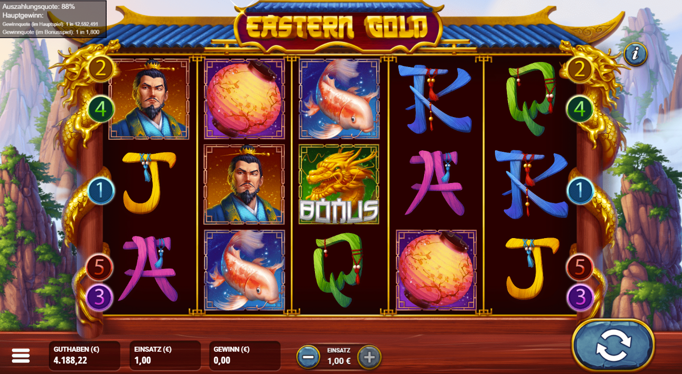 Eastern-Gold-Slot mit Kaiserportr&auml;t, Drache‑Bonus, Koi‑Fischen, Laternen und Symbolen.