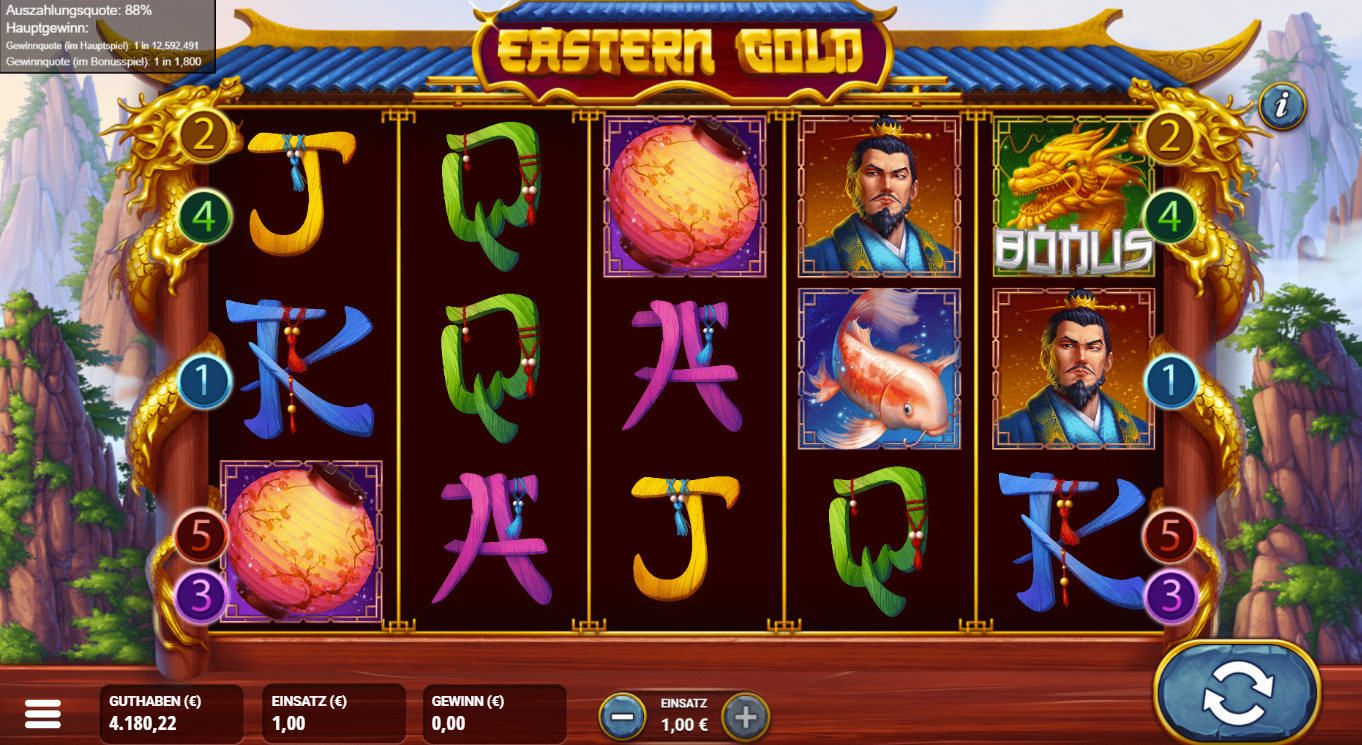 Eastern-Gold-Slot mit Laternen, Koi‑Fischen, Kaiserportr&auml;t, Schriftzeichen und Bonus‑Drache.
