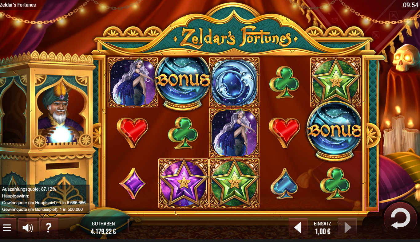 Zeldars&acute;s-Fortunes-Slot mit Zauberer, Bonus‑Kristallkugeln, Sternen und Kartensymbolen.