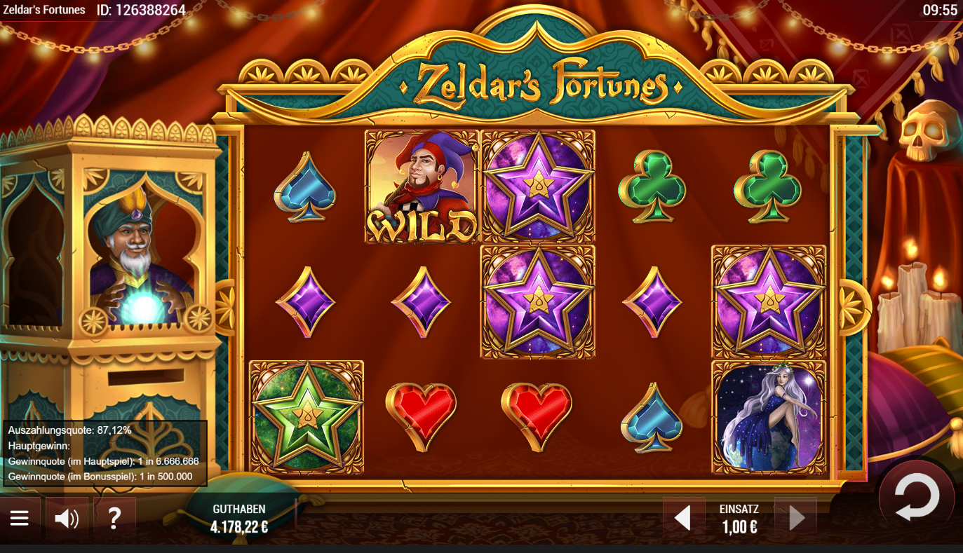 Zeldars&acute;s-Fortunes-Slot mit Wild‑Narr, Sternsymbolen, Herzen, Kartenzeichen und Zauberfigur.