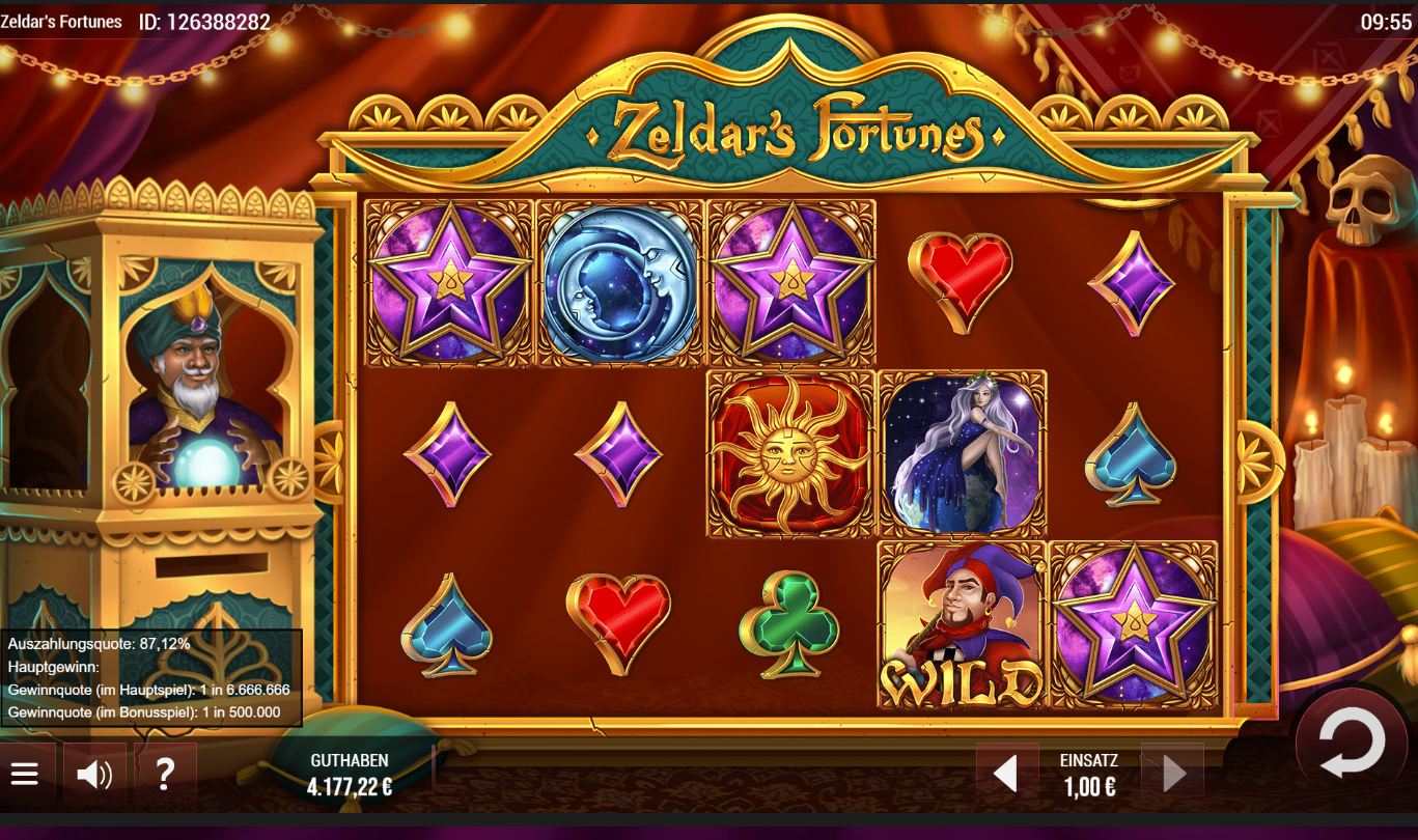 Zeldars&acute;s-Fortunes-Slot mit Sternen, Mondkugel, Sonne, Wild‑Narr und Kartensymbolen.