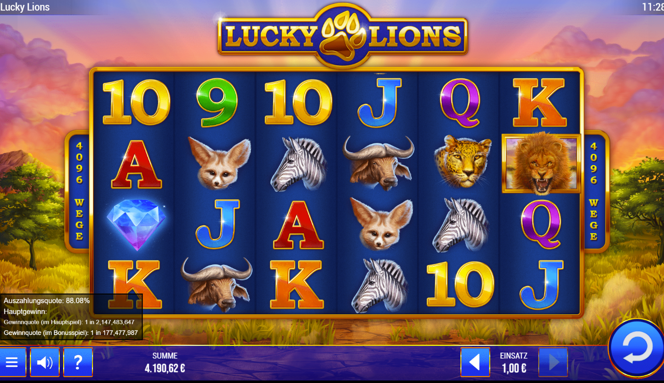 Lucky-Lions-Wild-Life-Slot mit L&ouml;wen-, Geparden-, Zebras-, B&uuml;ffel-, Fuchs‑ und Diamantsymbolen.