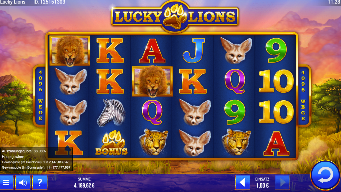 Lucky-Lions-Wild-Life-Slot mit L&ouml;wen-, Geparden-, Zebra-, Fuchs‑ und Bonussymbolen sowie Kartenzeichen.