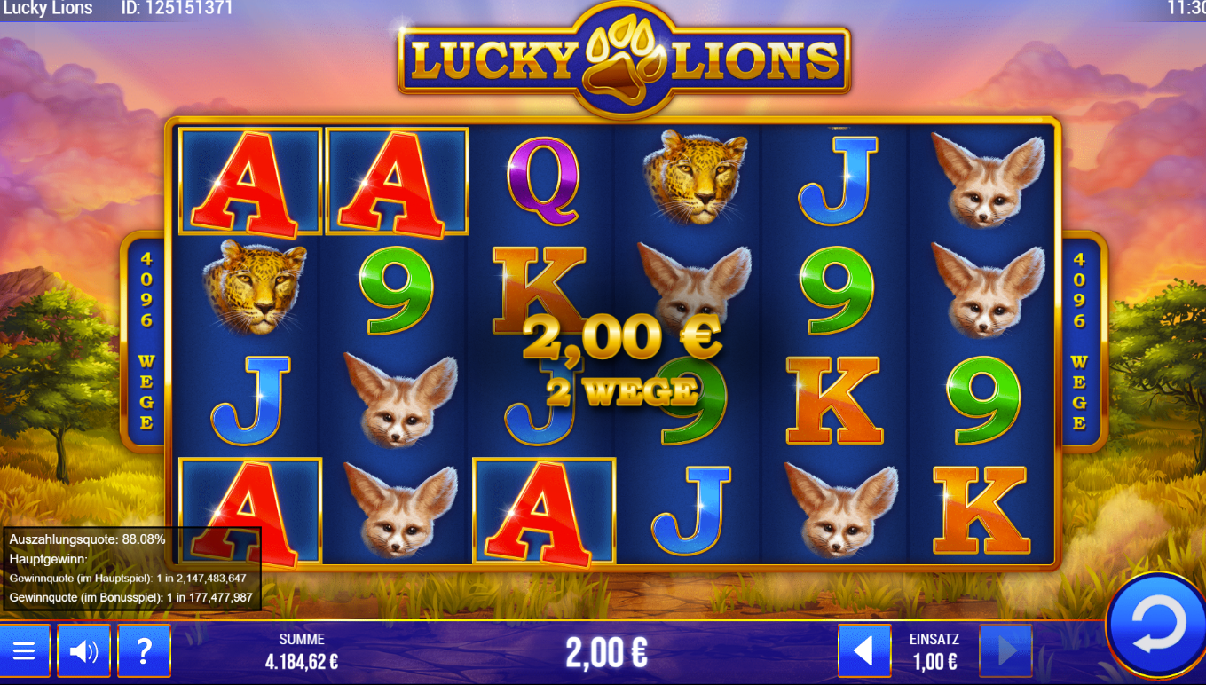 Lucky-Lions-Wild-Life-Slot mit L&ouml;wen-, Geparden-, Fuchs-, Zebra‑ und Kartenzeichen sowie gr&uuml;nen Neunen.