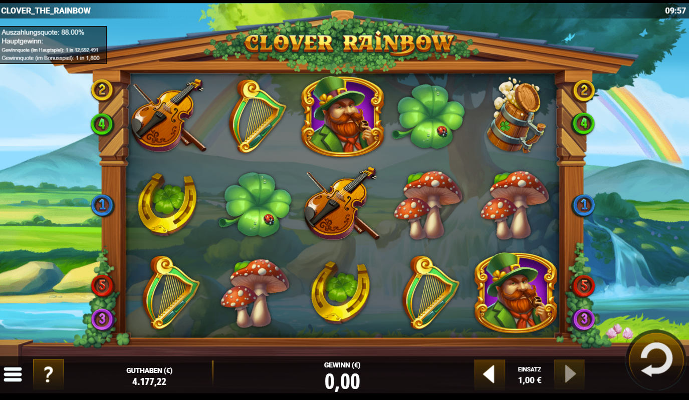Clover-the-Rainbow-Slot mit Kobold, Kleebl&auml;ttern, Harfe, Geige, Pilzen und Fass.