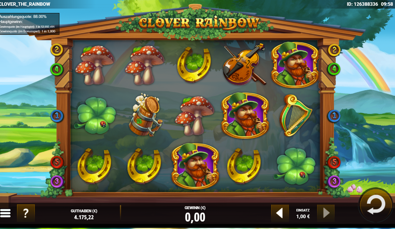 Clover-the-Rainbow-Slot mit Kobold‑Portr&auml;ts, Kleebl&auml;ttern, Pilzen, Harfe, Geige und Hufeisen.
