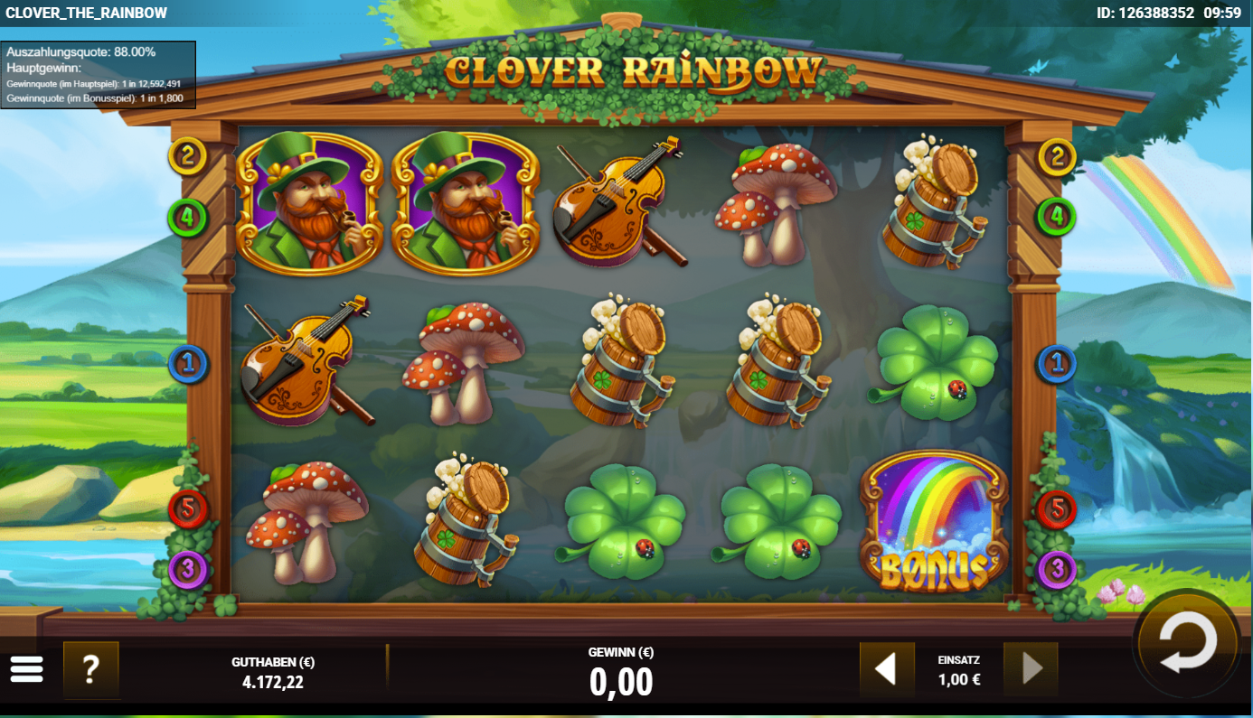 Clover-the-Rainbow-Slot mit Kobold‑Portr&auml;ts, Pilzen, Bierf&auml;ssern, Kleebl&auml;ttern und Bonussymbol.