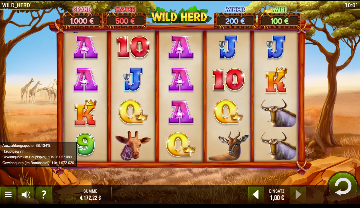 Wild-Herd-Slot mit Giraffe, Antilopen, B&uuml;ffeln, Kartenwerten und Jackpot‑Leiste.
