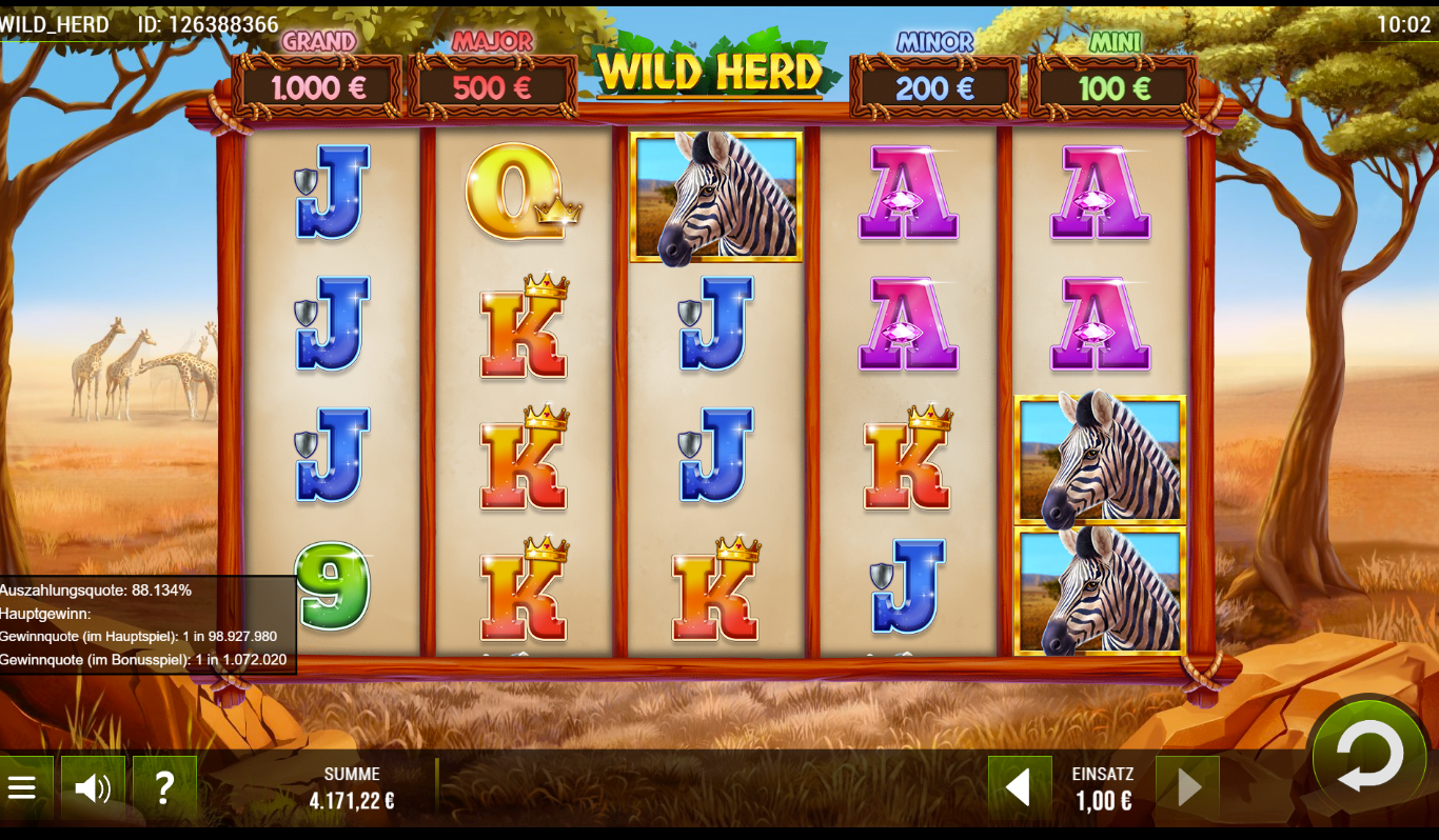 Wild-Herd-Slot mit Zebras, Savannenlandschaft, Kartenwerten und Jackpot‑Anzeige.