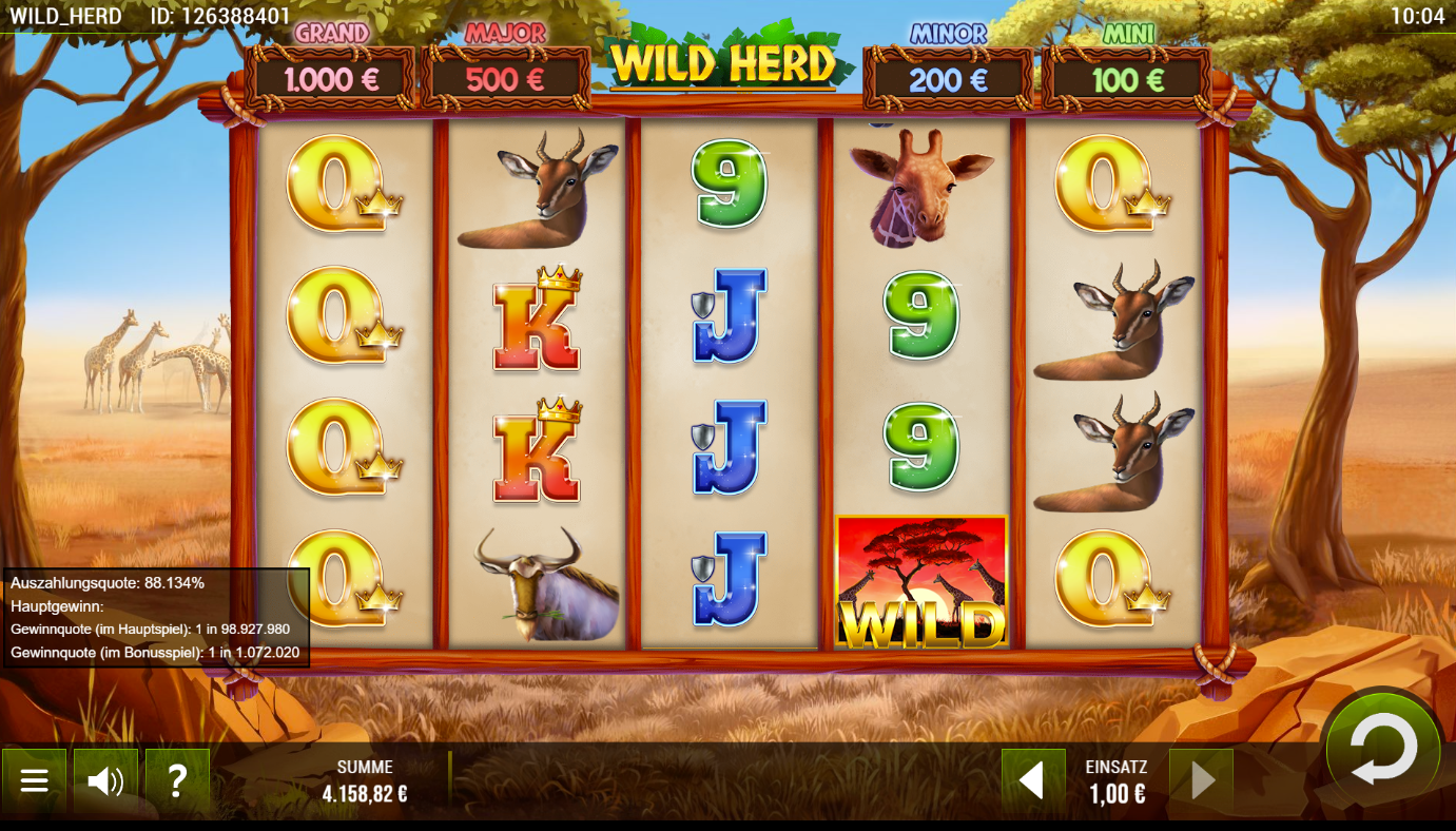 Wild-Herd-Slot mit Antilopen, Giraffe, B&uuml;ffel, Wild‑Savanne und Kartenwerten.