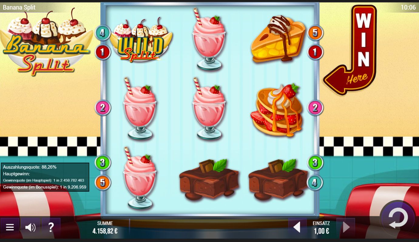 Banana-Split-Slot mit Milkshakes, Kuchen, Pancakes, Schokolade und Wild‑Symbol.