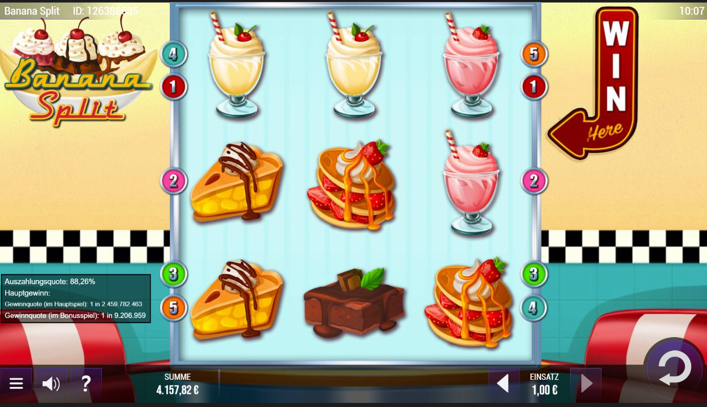 Banana-Split-Slot mit Milkshakes, Tortenst&uuml;cken, Pancakes und Schokokuchen.