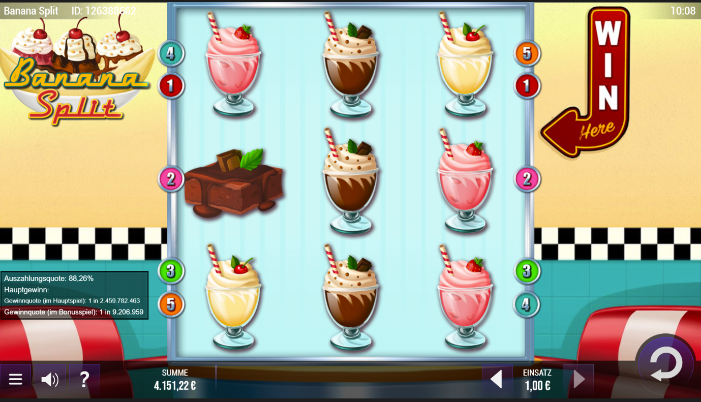 Banana-Split-Slot mit Erdbeer‑, Schoko‑ und Vanille‑Milkshakes sowie Schokokuchen.