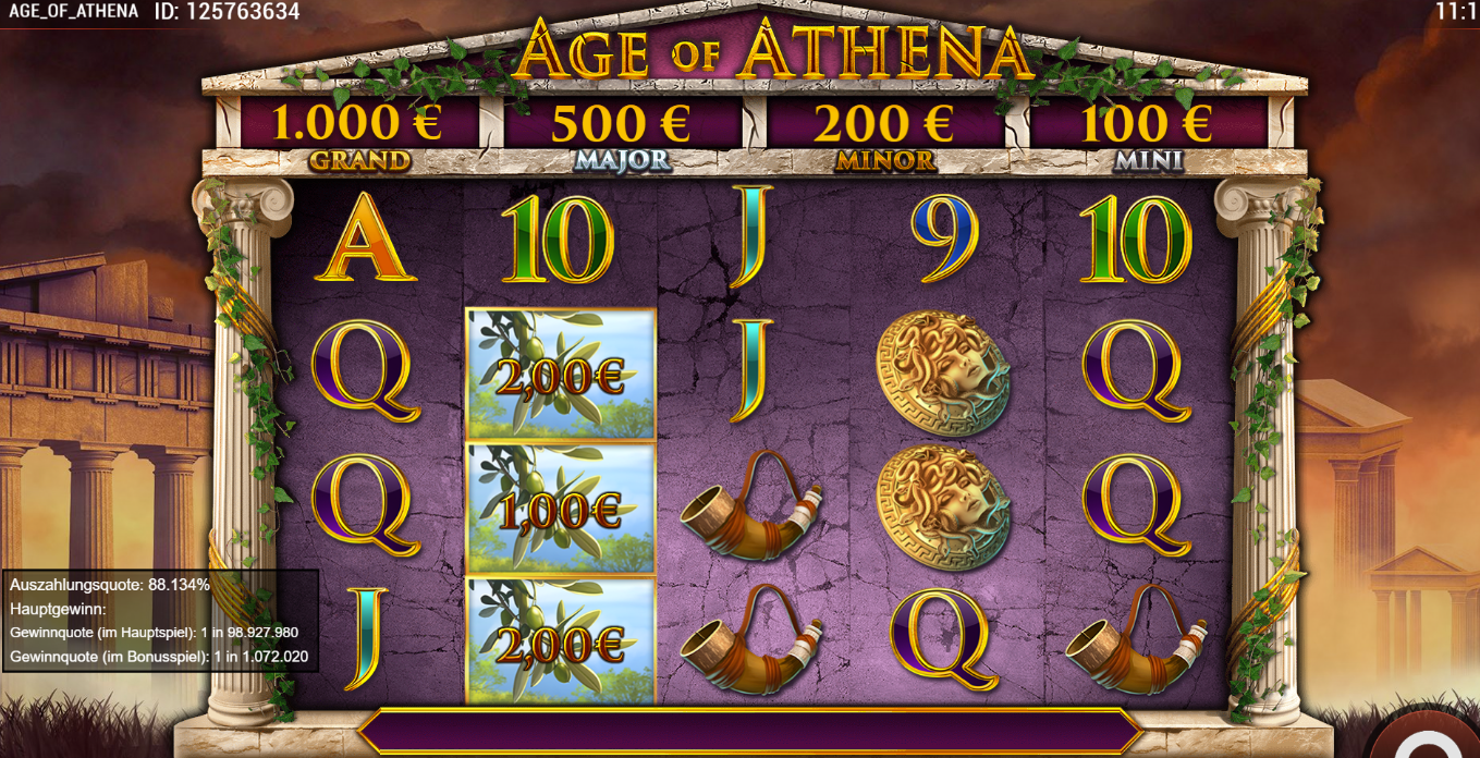 Age-of-Athena-Slot mit griechischem Tempel, Symbolen und Jackpots.