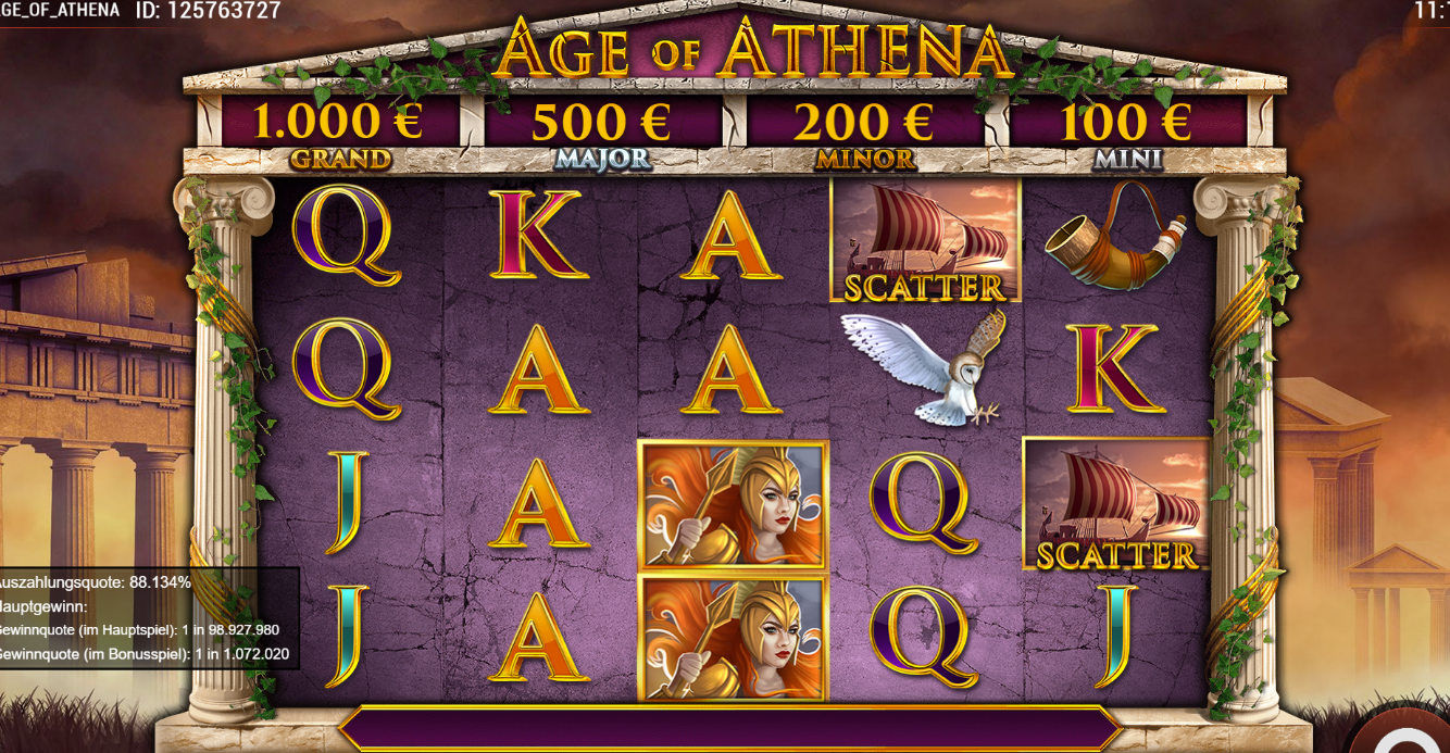 Age-of-Athena-Slot mit Athena, Scatter-Schiff, Eule, Horn und Kartenwerten.