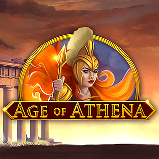 Spielgrafik von 'Age of Athena' mit Kriegerin Athena vor antiken Ruinen.