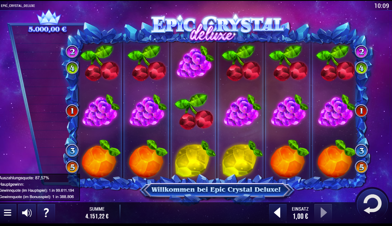 Epic-Crystal-deluxe-Slot mit Kristall‑Kirschen, Trauben, Orangen und leuchtenden Walzen.