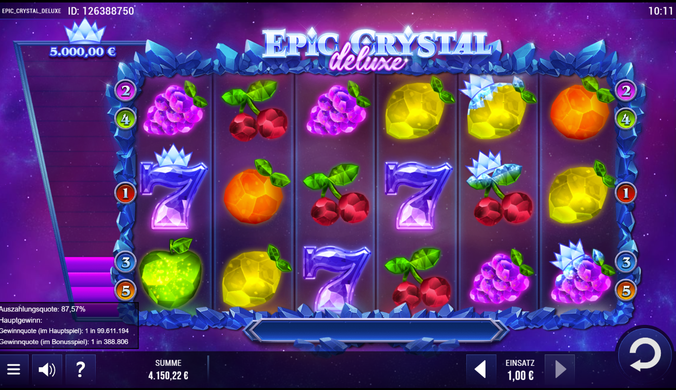 Epic-Crystal-deluxe-Slot mit Kristall‑Siebenen, Kirschen, Trauben und leuchtenden Fr&uuml;chten.