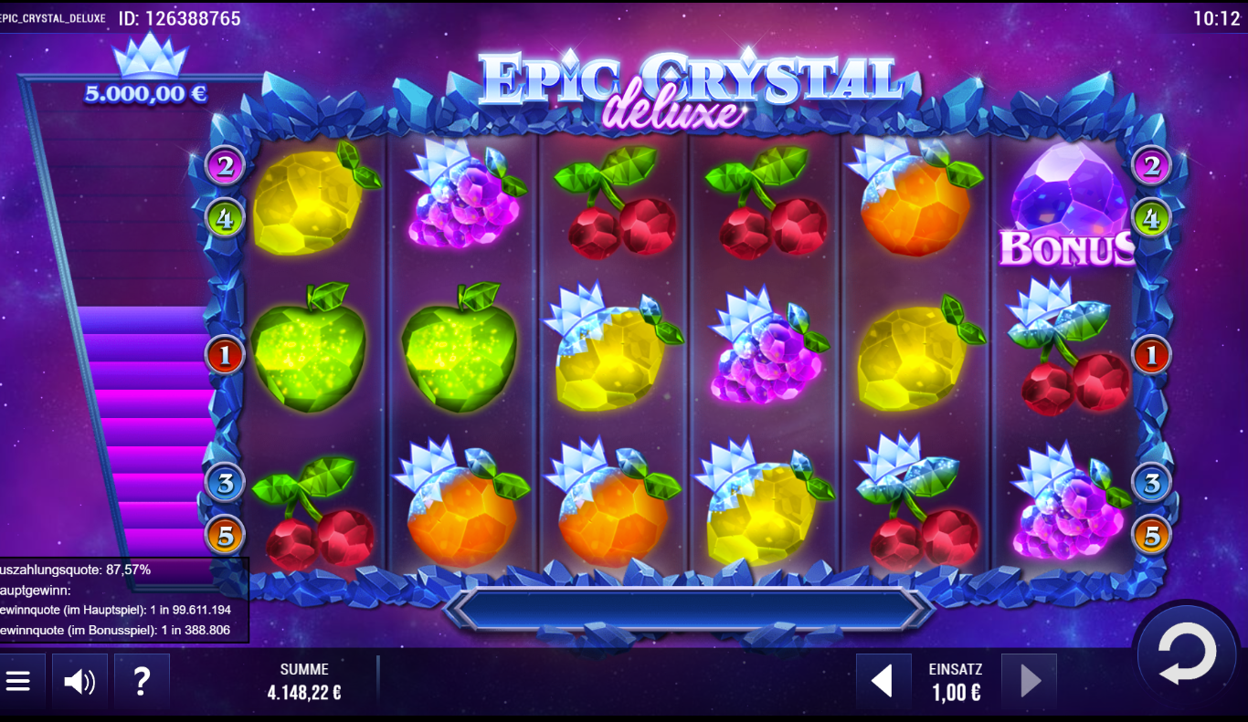 Epic-Crystal-deluxe-Slot mit Bonus‑Kristallen, Kirschen, Trauben und leuchtenden Fr&uuml;chten.