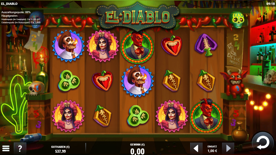 El-Diablo-Slot mit bunten Symbolen wie Chilis, Masken und Tieren.