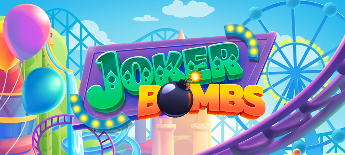 Joker Bombs Logo: Farbenfrohe Buchstaben und eine Bombe, umgeben von Achterbahnen, Luftballons und einem Riesenrad.