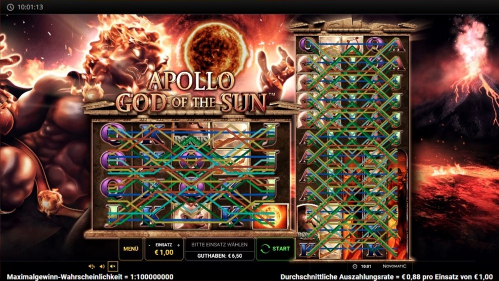  Slot &bdquo;Apollo God of the Sun&ldquo; mit aktivierten Gewinnlinien in gr&uuml;n &uuml;ber beide Walzensets; Einsatz und Guthaben unten sichtbar