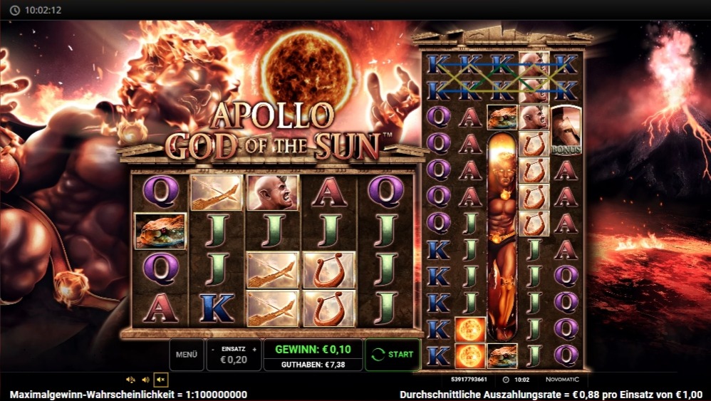 Slot &bdquo;Apollo God of the Sun&ldquo; mit vielen Apollo-Symbolen auf der rechten Walze; Bonus-Symbole und Buchstaben auf der linken Seite