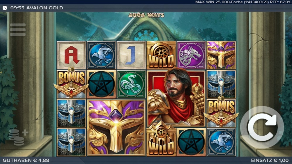Avalon Gold mit Ritter-, Tier- und Bonussymbolen vor Tempelruinen im Wald