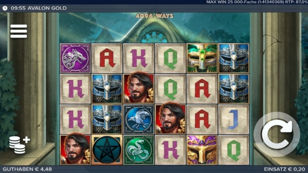 Avalon Gold mit Ritter, Tier- und Buchstabensymbolen vor Tempelruinen