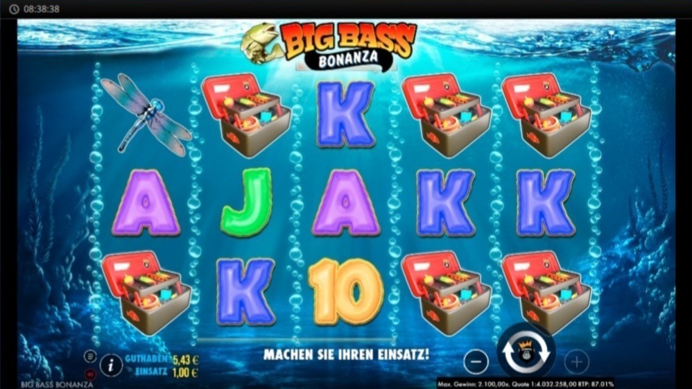 Big Bass Bonanza mit Buchstaben, Angelkisten und Libelle im Raster