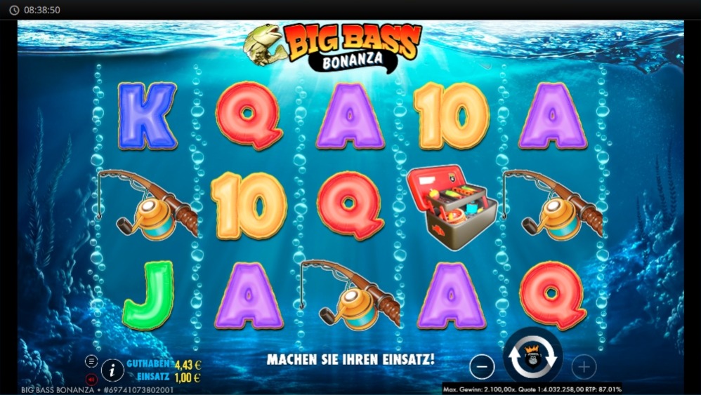 Big Bass Bonanza mit Angelkisten, Ruten und Zahlen im Raster