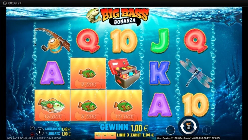 Big Bass Bonanza mit Angelrute, Fischsymbolen und Geldwert im Raster